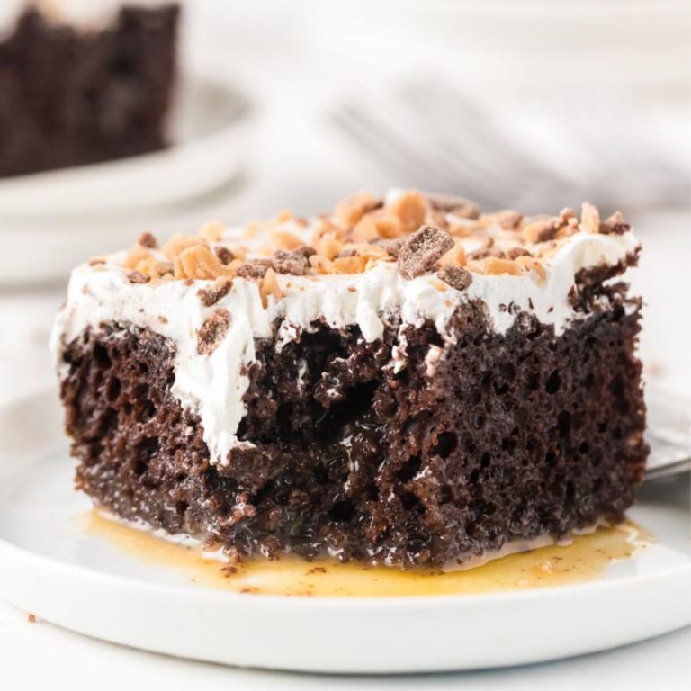 slice of better than sex cake on a white plate