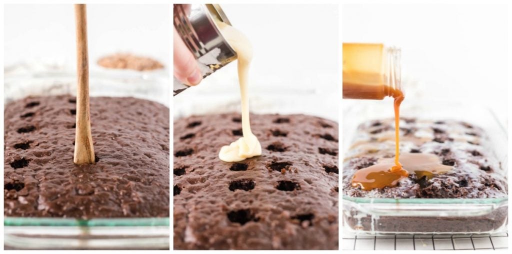 pouring condensed milk & caramel sauce into a chocolate poke cake