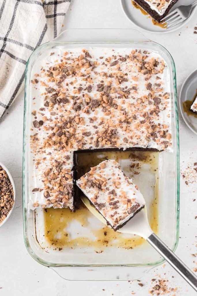 overhead shot of a slice of cake being served