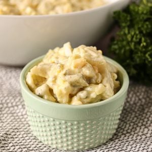 potato salad in a light green dish