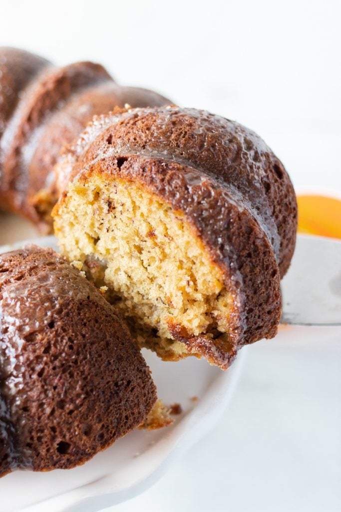 slice being lifted from a bundt cake