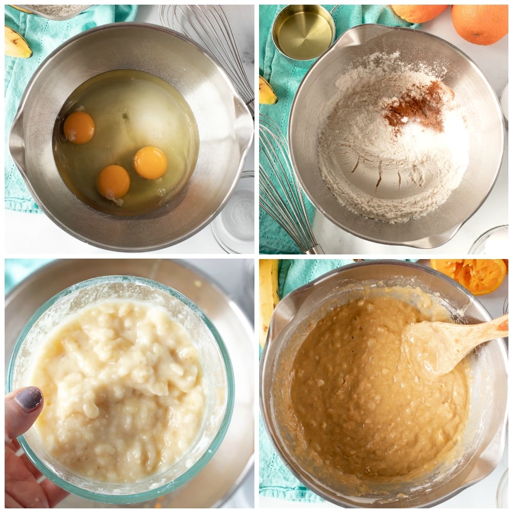 overhead shot of mixing bowls making a cake