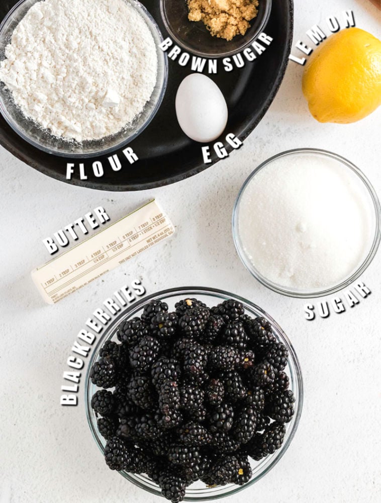 overhead shot of ingredients laid out to make blackberry crumble.
