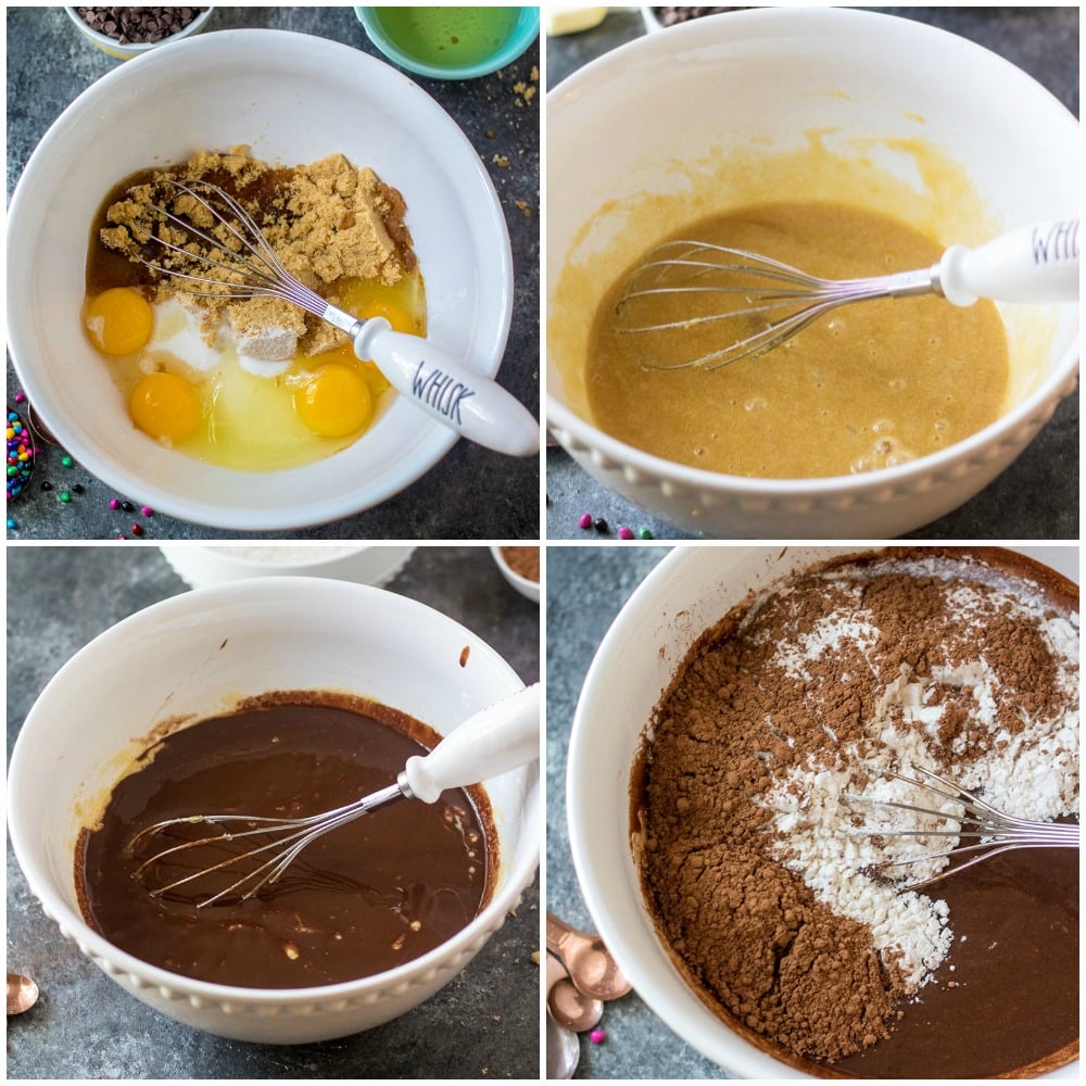 collage of mixing bowl making cosmic brownies