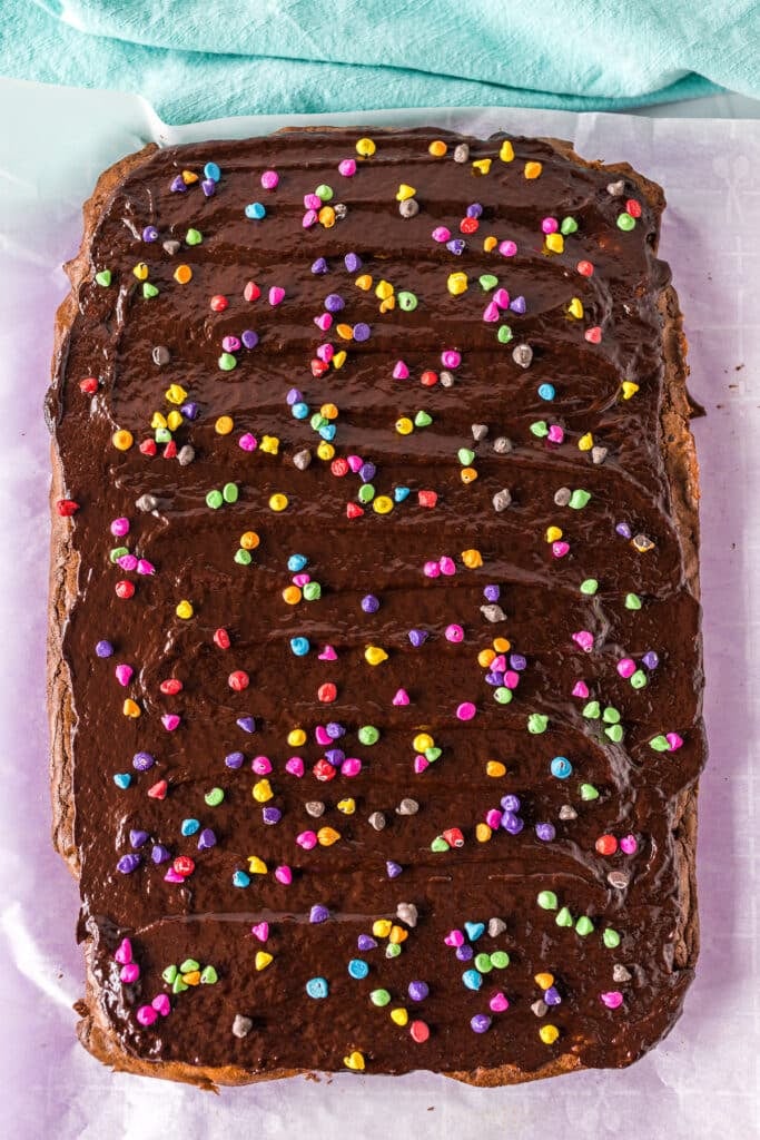 overhead shot of copycat cosmic brownies before slicing.