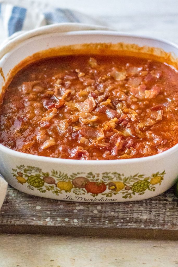 baked beans in vintage pyrex