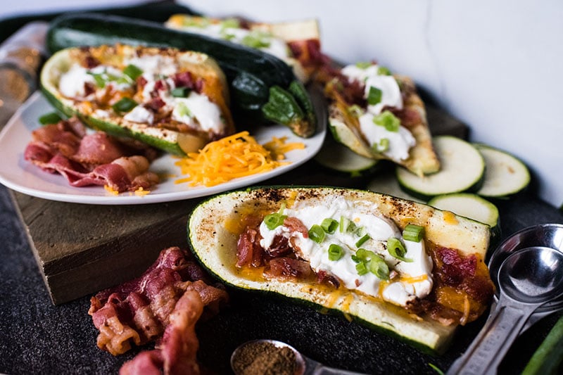 loaded zucchini skins topped with sour cream and green onions