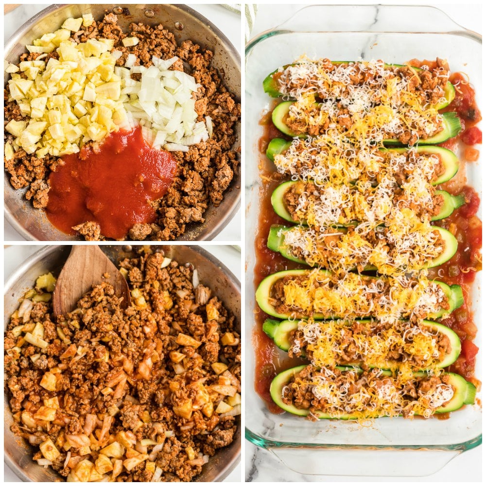 zucchini filling in pan for taco boats