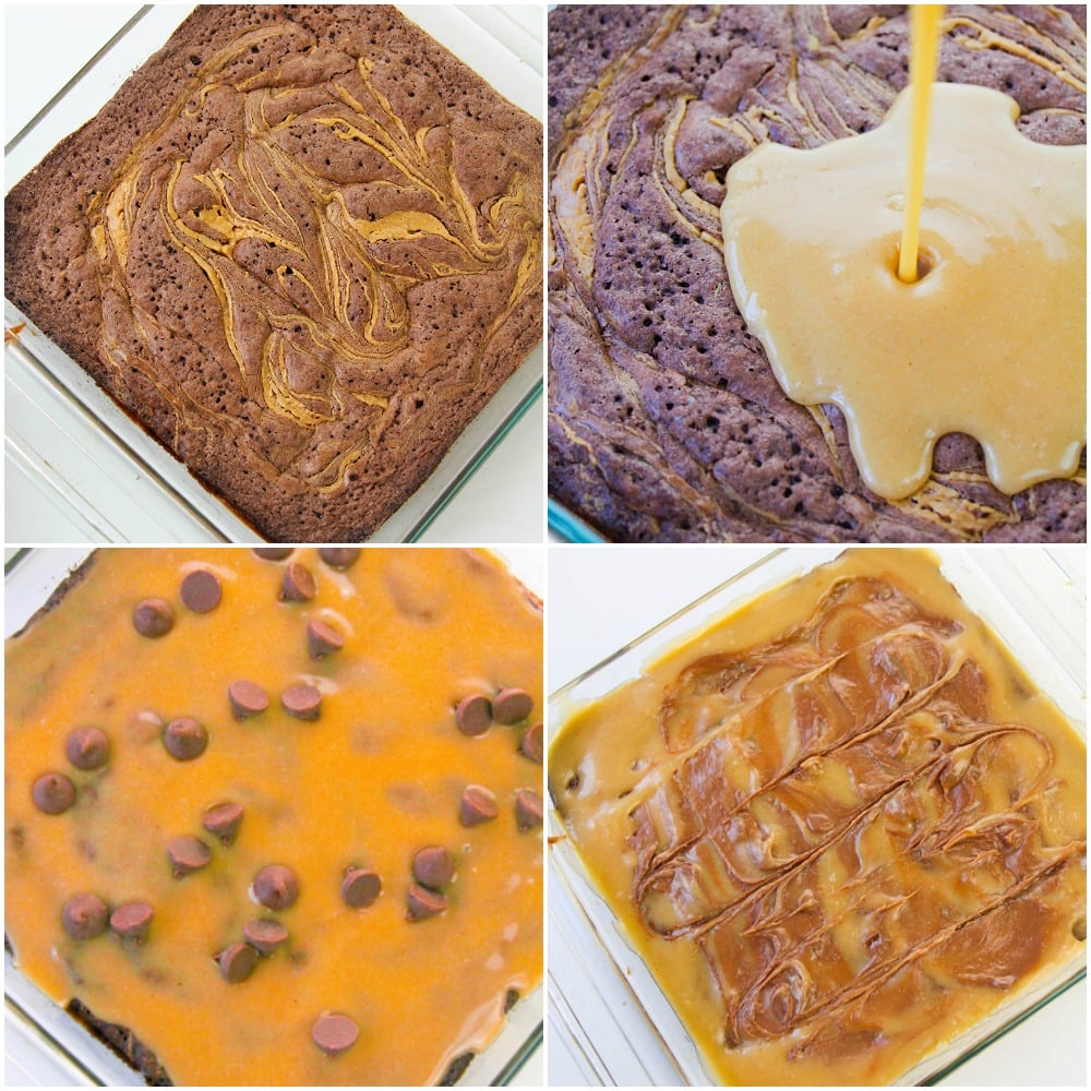 collage of peanut butter pouring onto brownies