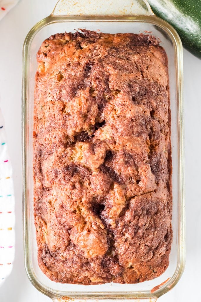overhead shot of apple zucchini bread in loaf pan