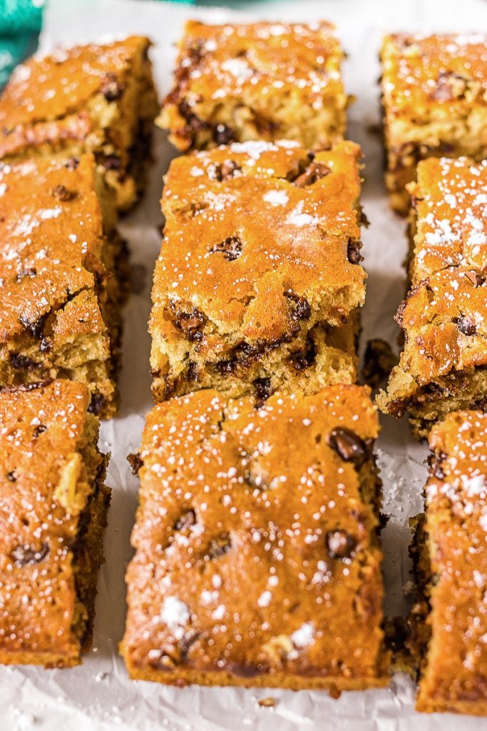 closeup of cake slices lined up