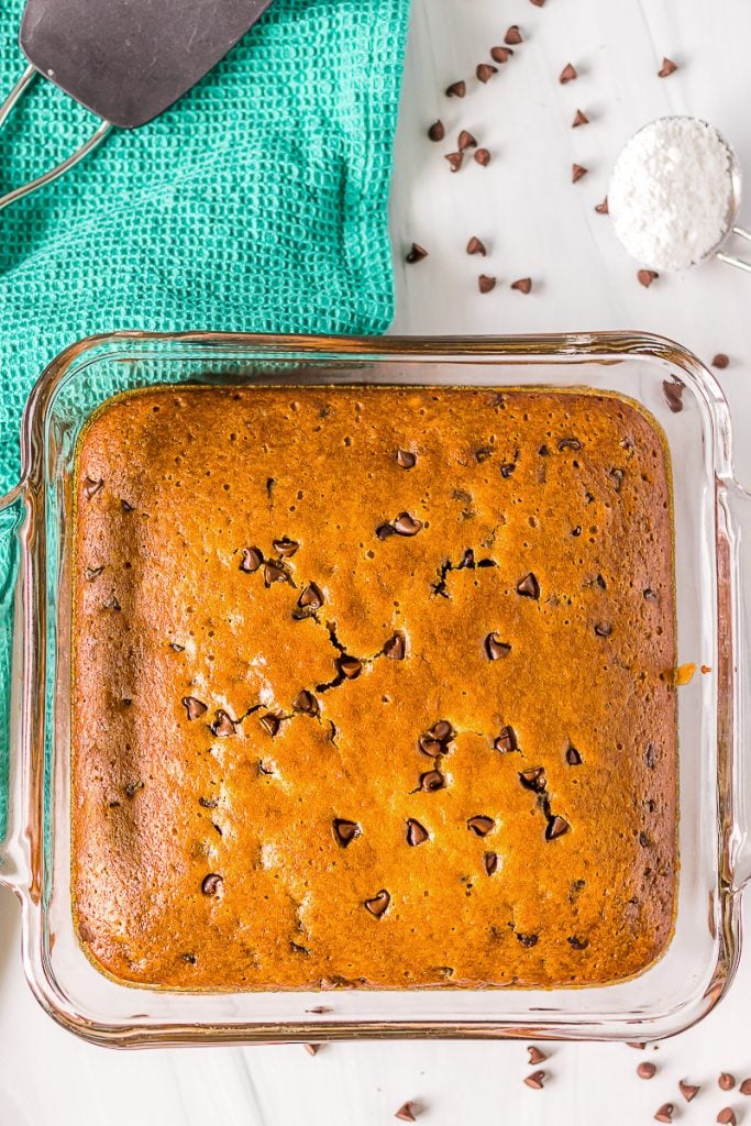 overhead shot of cake in square baking dish
