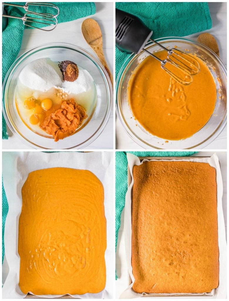 overhead shot of process shots with mixing bowl and pumpkin bar batter