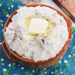 overhead shot of garlic mashed potatoes