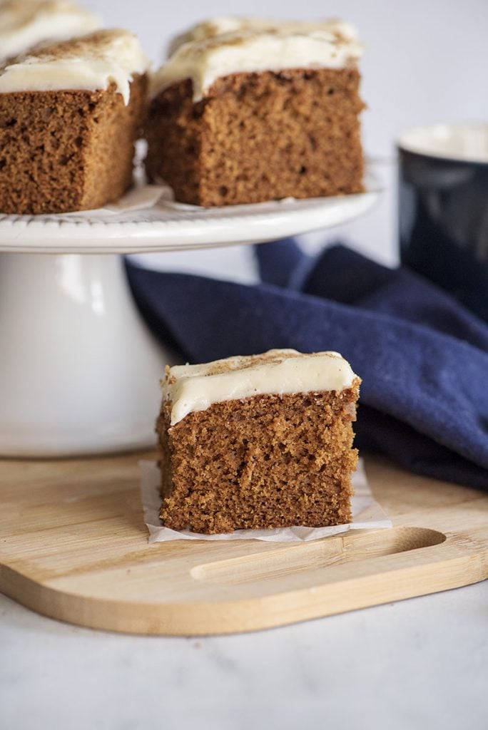 slices of gingerbread cake on a cake plate