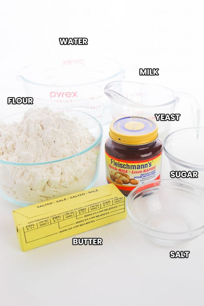 labeled ingredients for making one hour dinner rolls