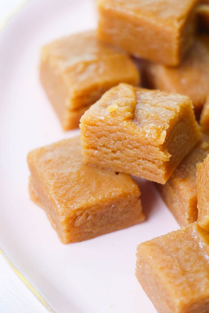 close up stack of peanut butter fudge