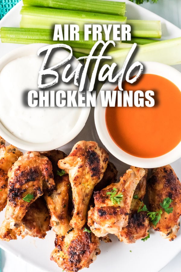 plate of chicken wings with dipping sauces & title text overlay
