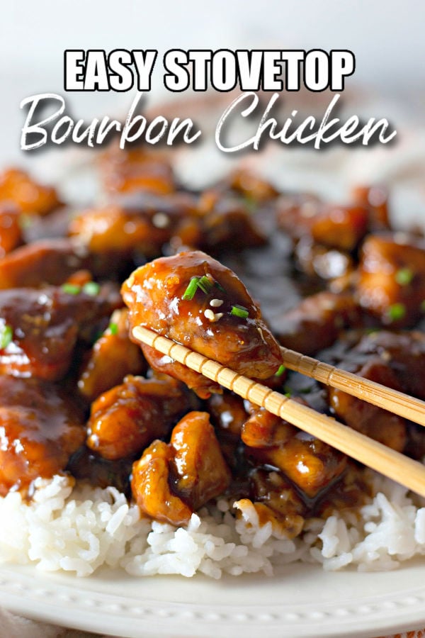 boubon chicken in chopsticks with title text overlay