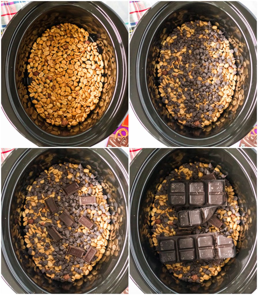 overhead shot of crockpot bowl with peanuts and chocolate chips