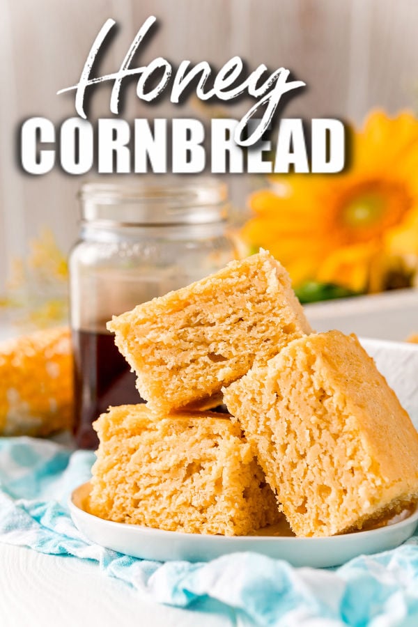 white plate with stack of honey cornbread slices with text reading honey cornbread