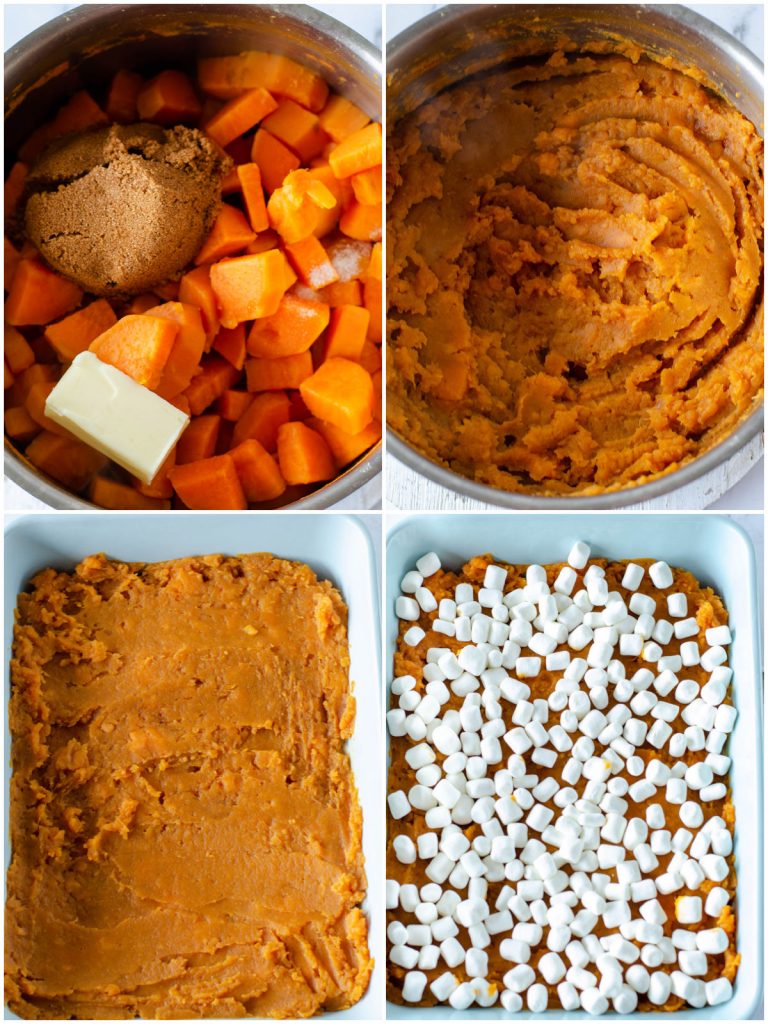collage of steps making sweet potato casserole