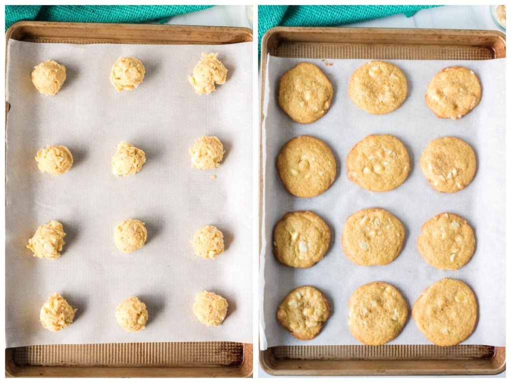 collage of cookie dough & fresh baked cookies on a cookie sheet
