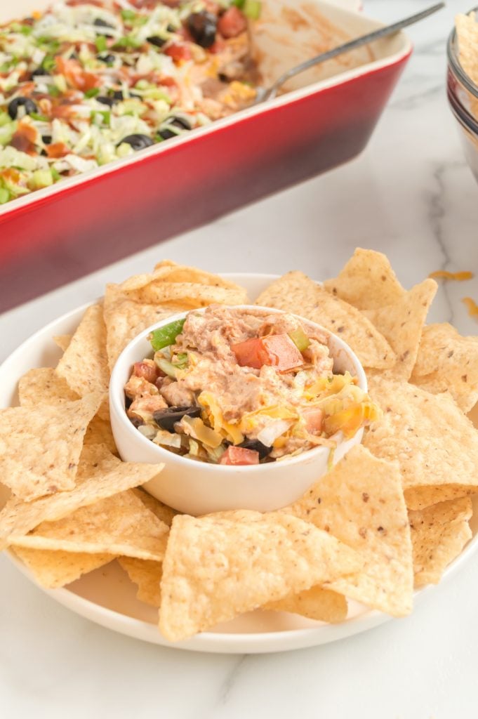 small bowl of easy taco dip surrounded by tortilla chips