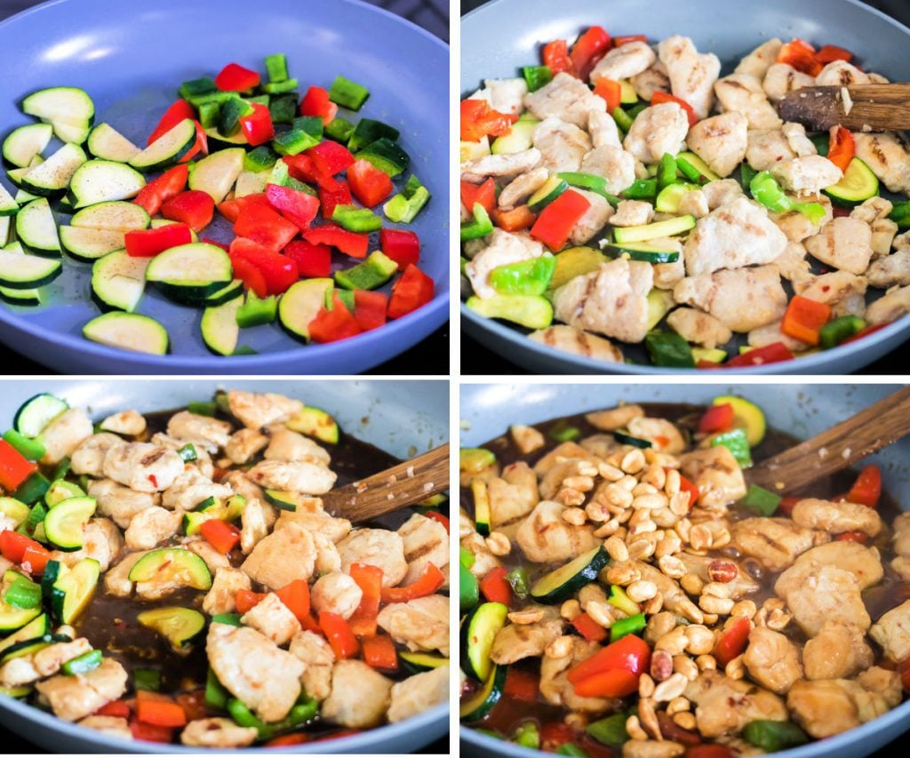 process shots of a skillet stir frying chicken