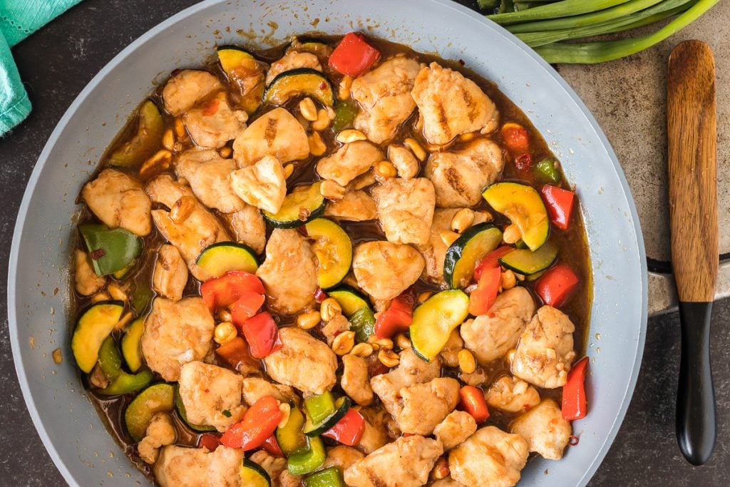 overhead shot of skillet making chicken