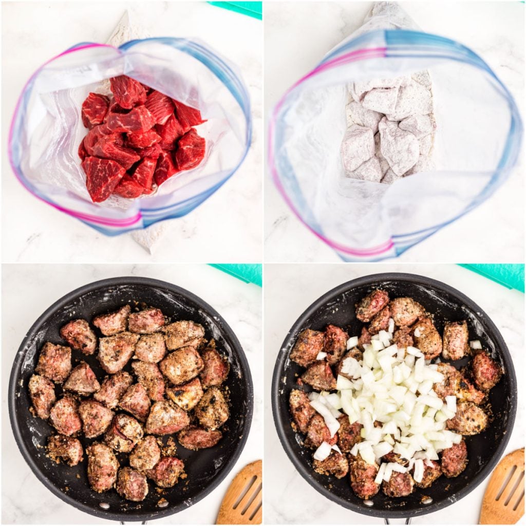 collage of process shots of searing beef in a skillet