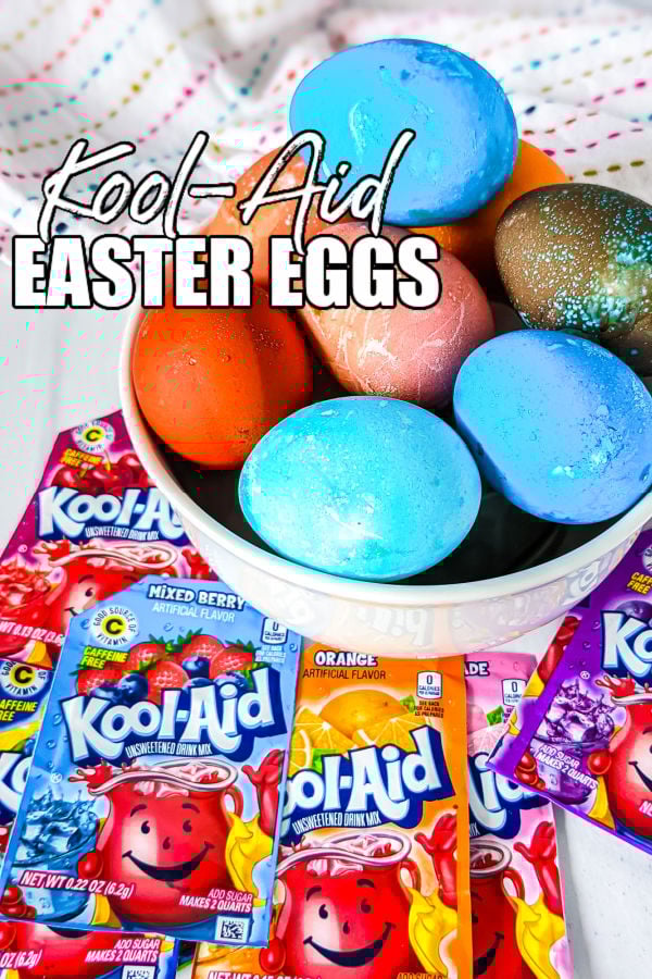 bowl of colorful hard boiled eggs with text overlay reading "kool-aid easter eggs"