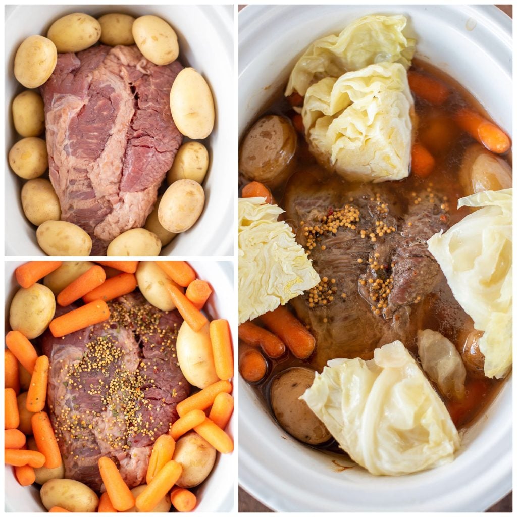 overhead shot of collage of making beef brisket with vegetables in slow cooker