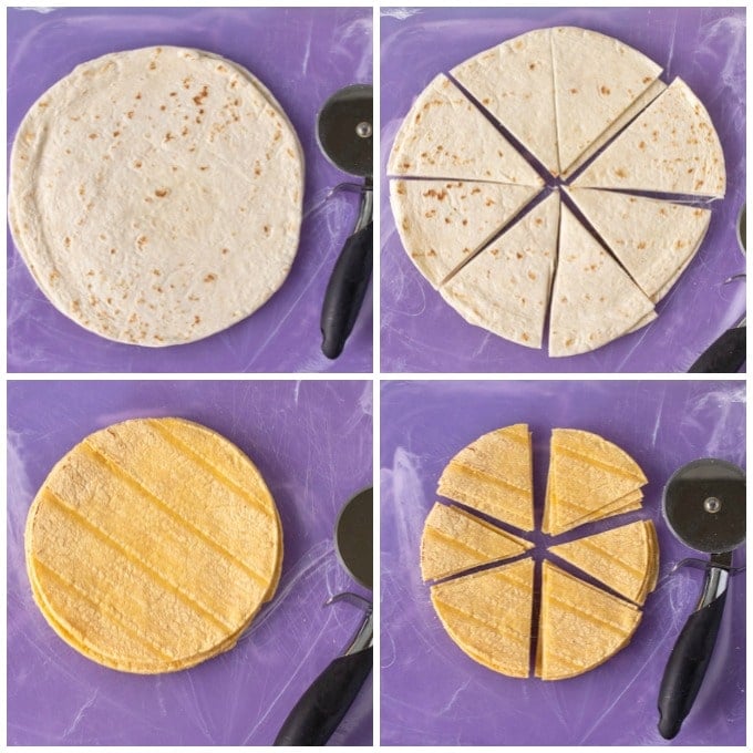 collage of tortillas being sliced with a pizza cutter