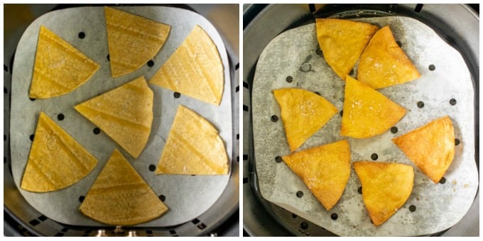 overhead shot of tortillas in an air fryer basket