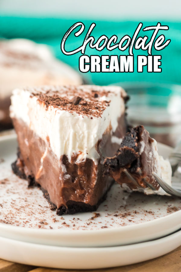 straight on shot of chocolate pie with a bite missing. text reads "chocolate cream pie"