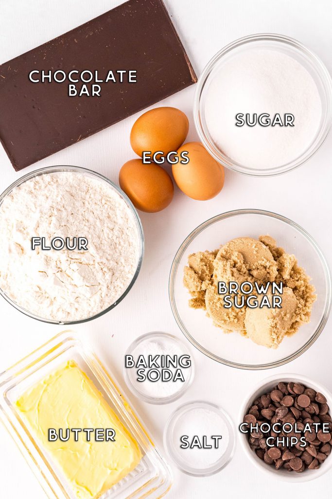overhead shot of labeled ingredients laid out to make a cookie