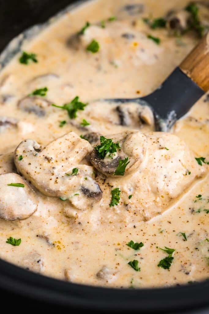spoon lifting a chicken breast from cream sauce in a crockpot.