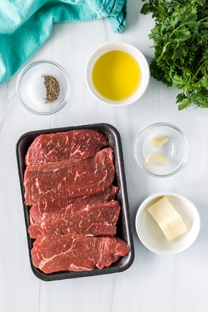 overhead shot of ingredients laid out to make garlic steak bites