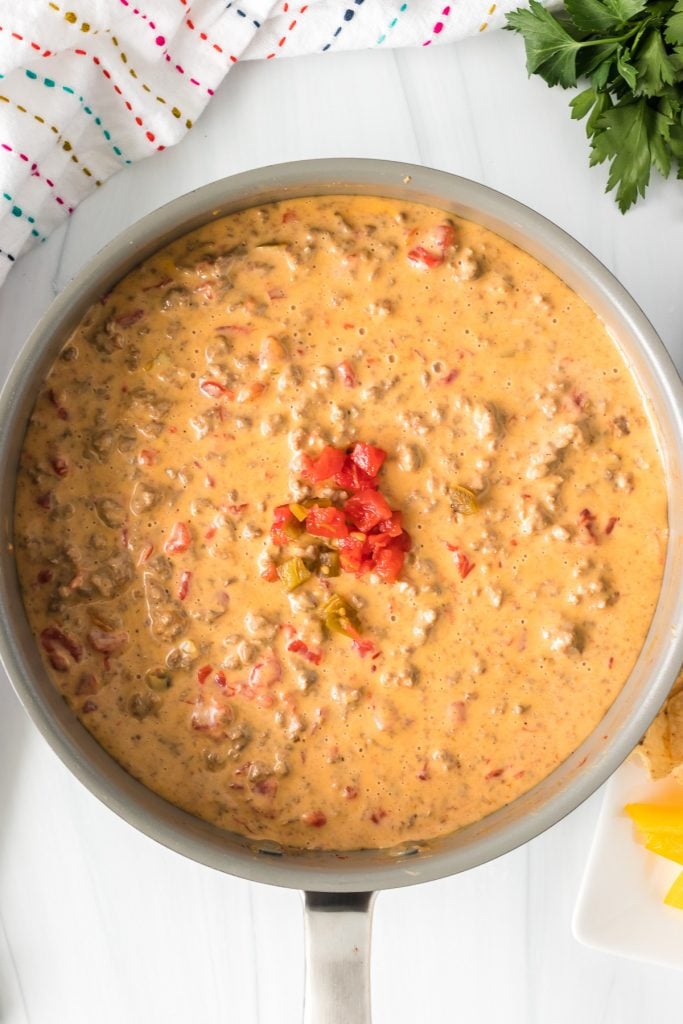 overhead shot of rotel dip in a skillet