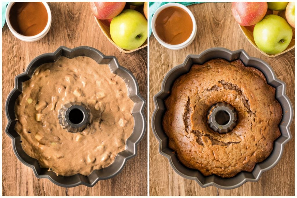 collage of two overhead shots of cake batter in bundt pan - batter & baked