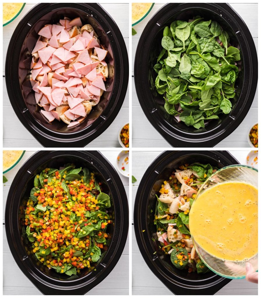 collage of overhead shots showing eggs benedict casserole being assembled in a slow cooker