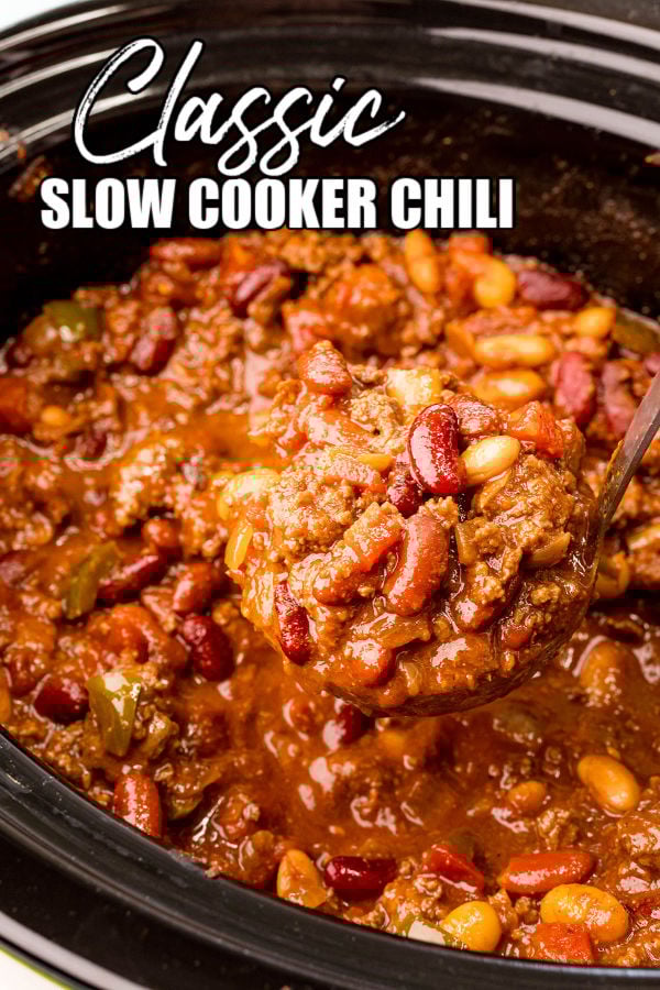 ladle scooping chili from a slow cooker