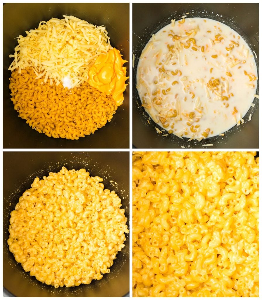 collage showing the process of making mac and cheese in the slow cooker