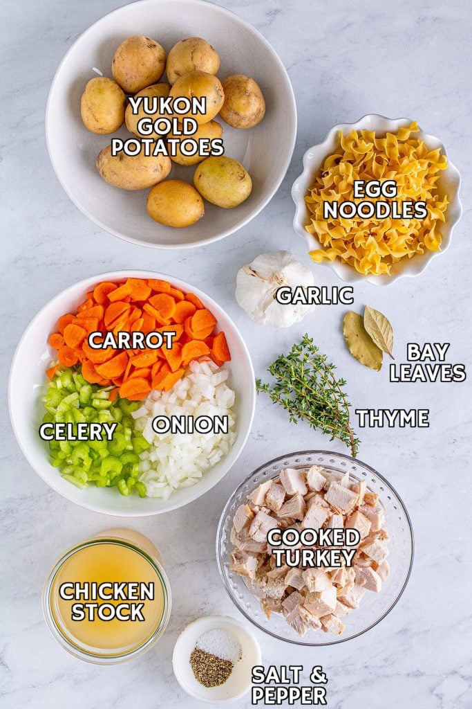 overhead shot of labeled ingredients portioned out to make turkey soup