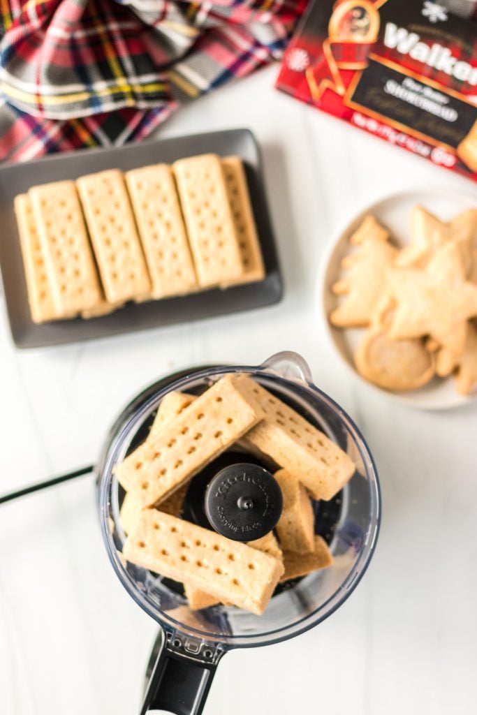 overhead shot of walkers shortbread fingers in food processor