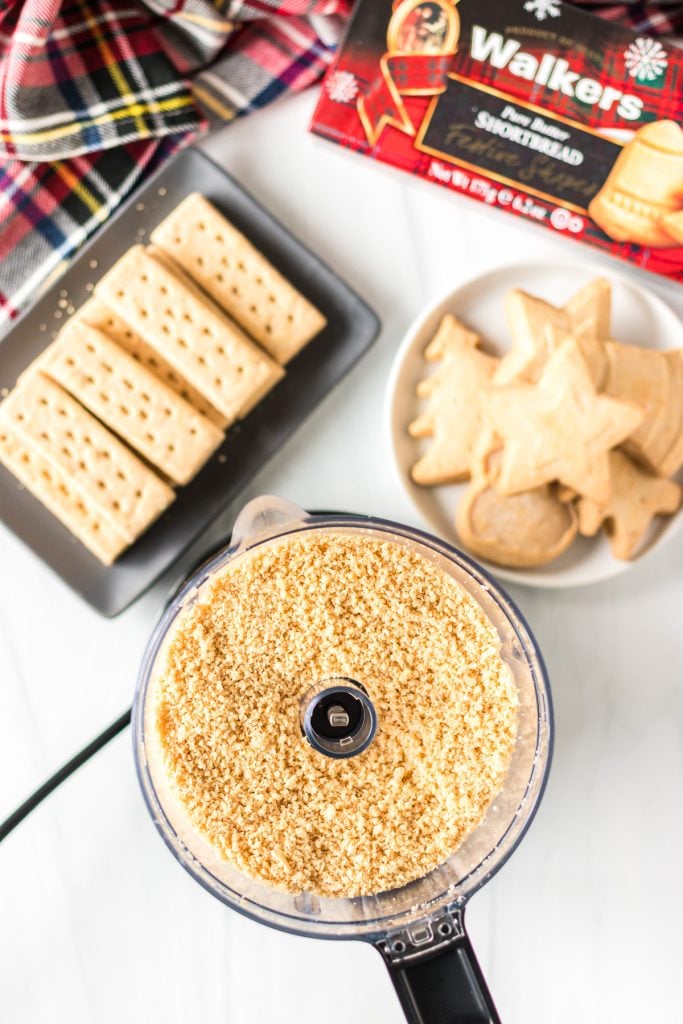 overhead shot of shortbread crumbs in the food processor