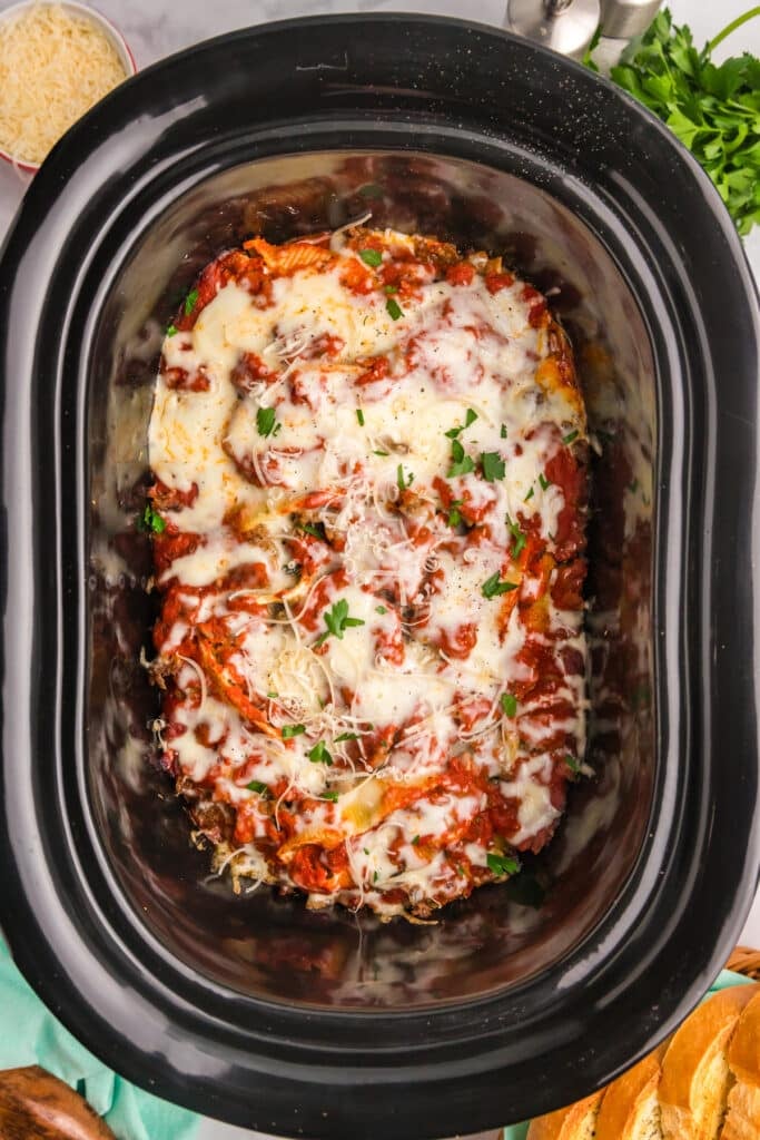 overhead shot of crockpot stuffed shells.