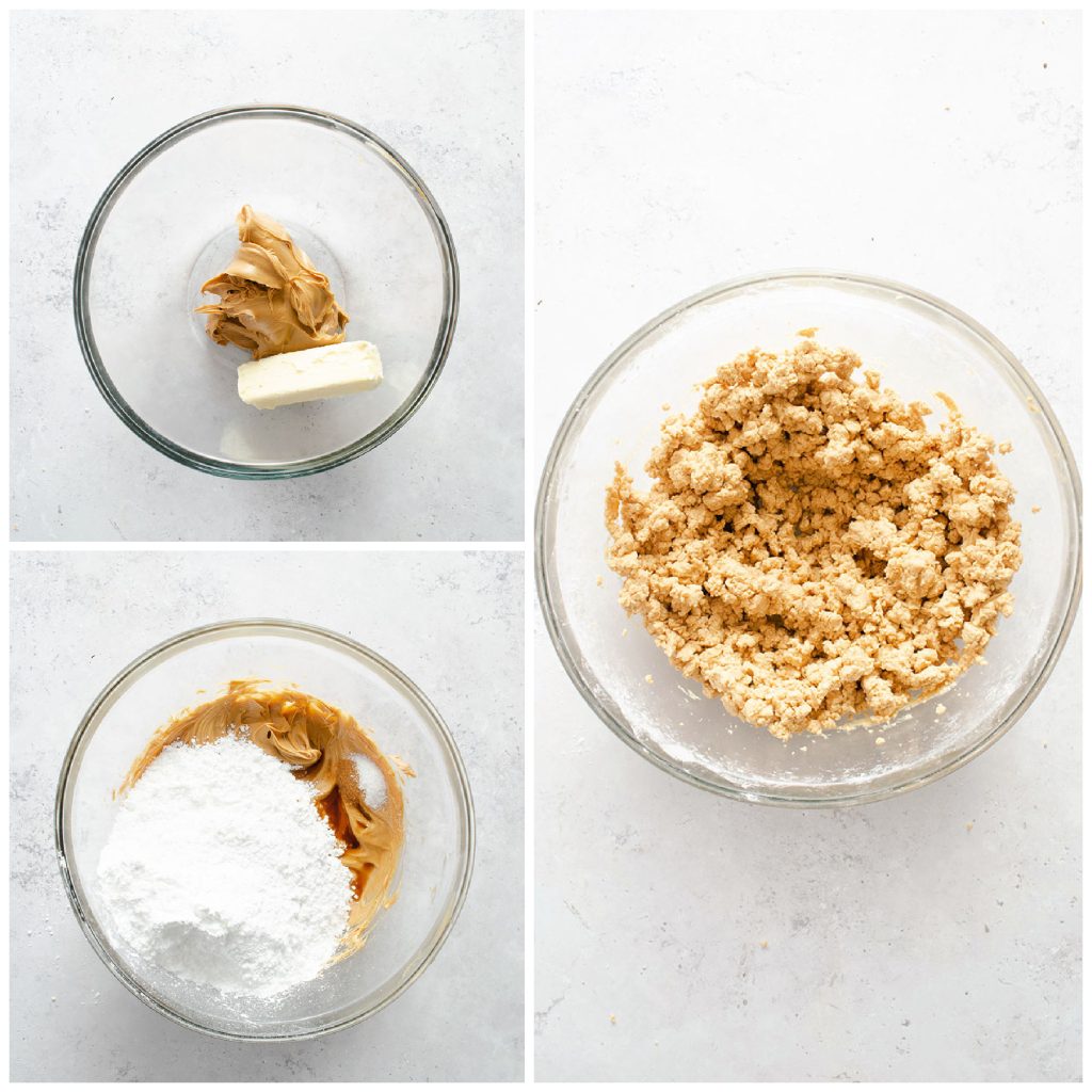 collage of three photos showing a peanut butter mixture.