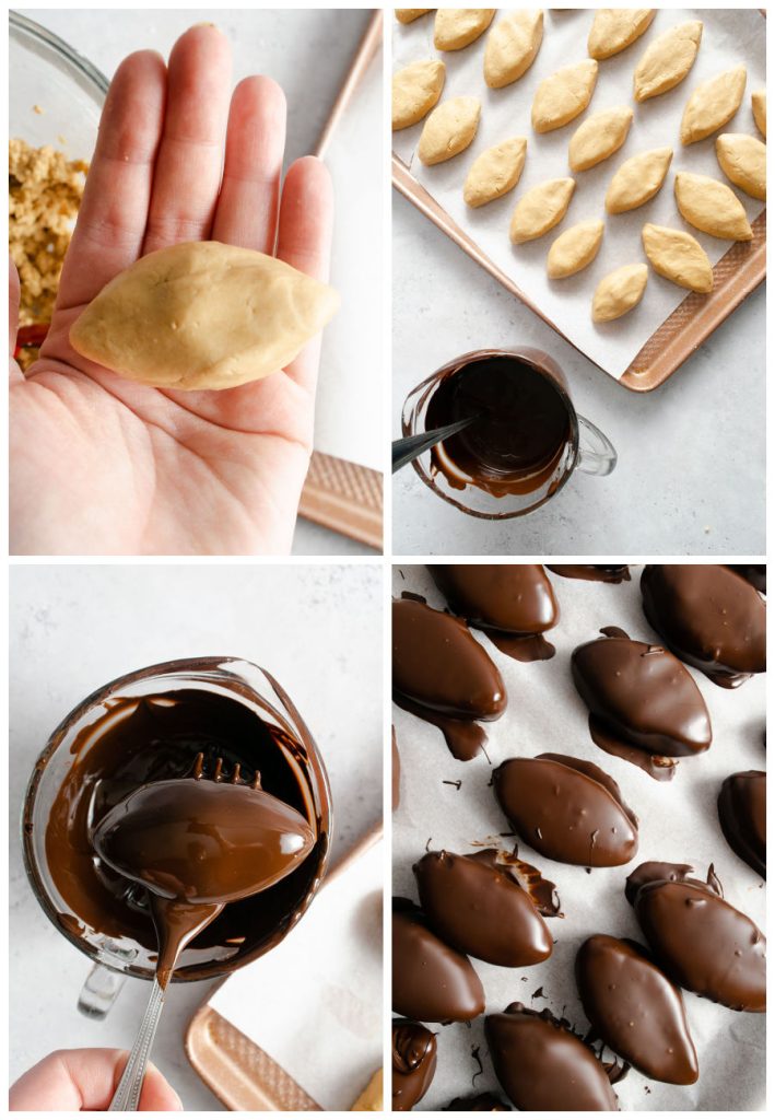 collage of 4 photos showing the process of making football shaped peanut butter balls.
